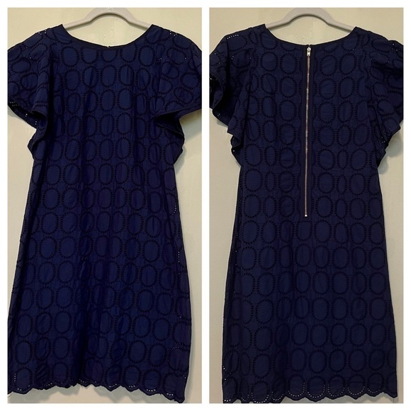 J. Crew Factory Scalloped Eyelet Navy Blue Shift Dress With Flutter Sleeve Sz 2 - Picture 1 of 15